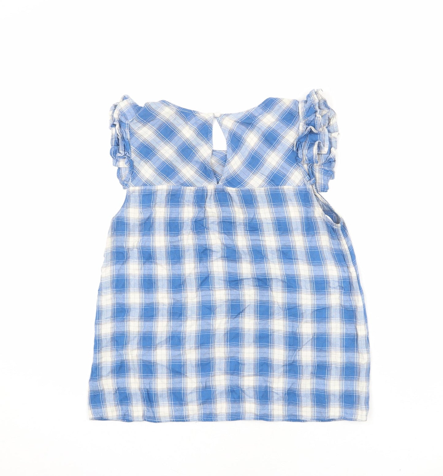 Monteau Womens Blue Plaid Viscose Basic Blouse Size S Round Neck