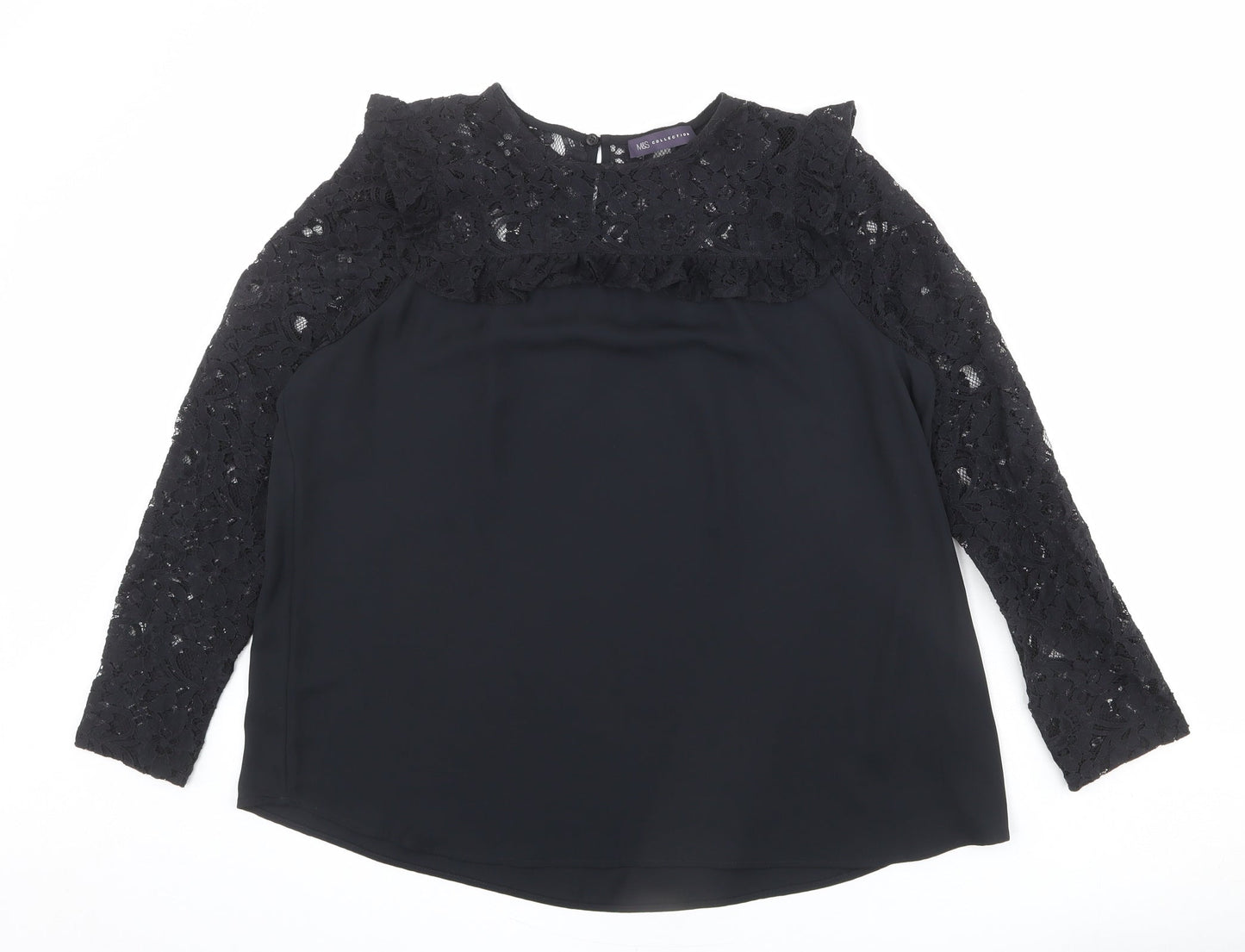Marks and Spencer Womens Black Polyester Basic Blouse Size 12 Round Neck - Lace Neckline