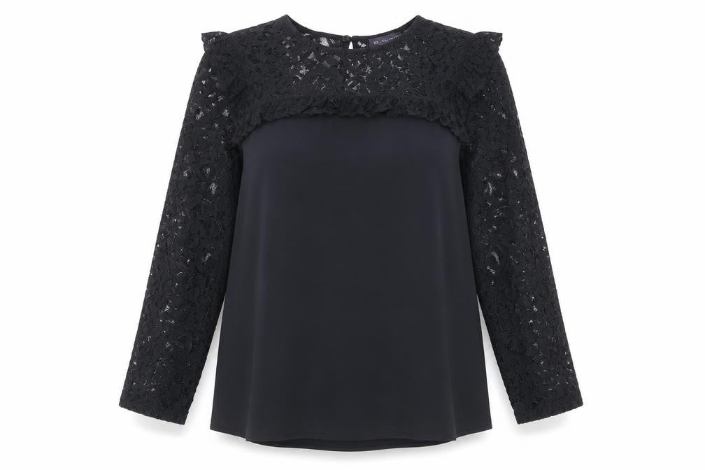 Marks and Spencer Womens Black Polyester Basic Blouse Size 12 Round Neck - Lace Neckline