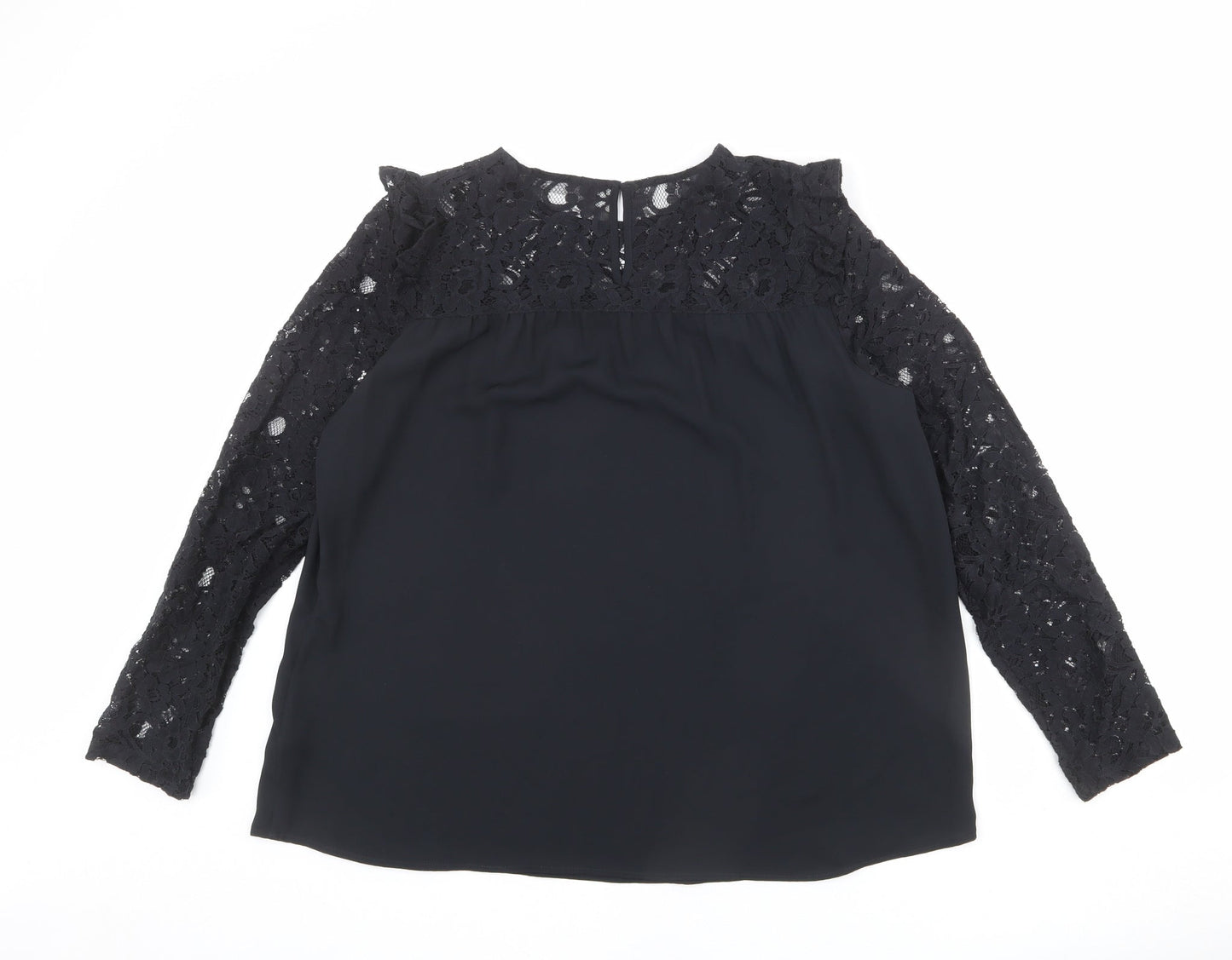 Marks and Spencer Womens Black Polyester Basic Blouse Size 12 Round Neck - Lace Neckline