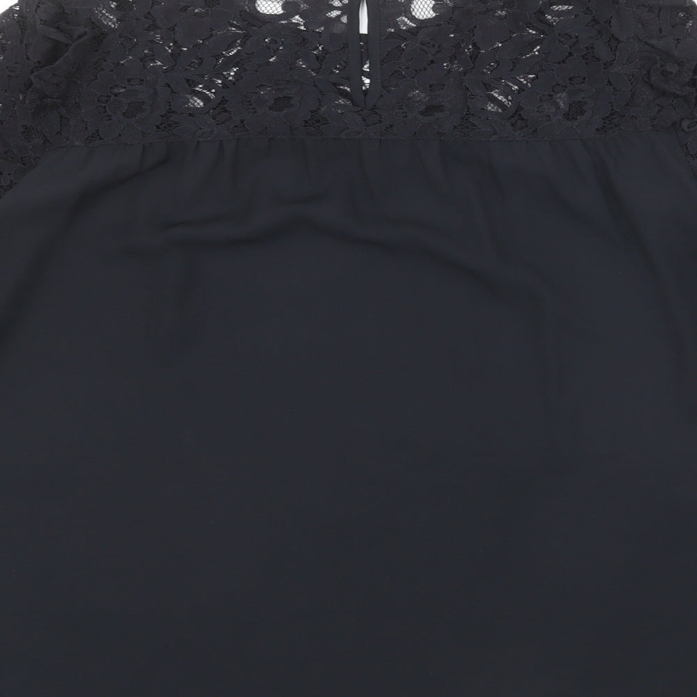 Marks and Spencer Womens Black Polyester Basic Blouse Size 12 Round Neck - Lace Neckline