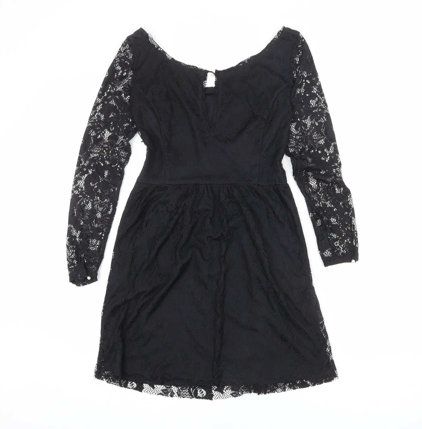 Zara Womens Black Polyester A-Line Size M Boat Neck Button - Lace