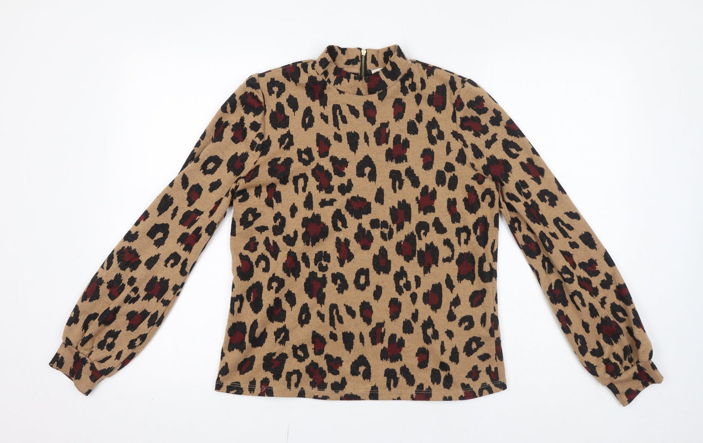 Oasis Womens Brown Animal Print Polyester Basic Blouse Size S Mock Neck
