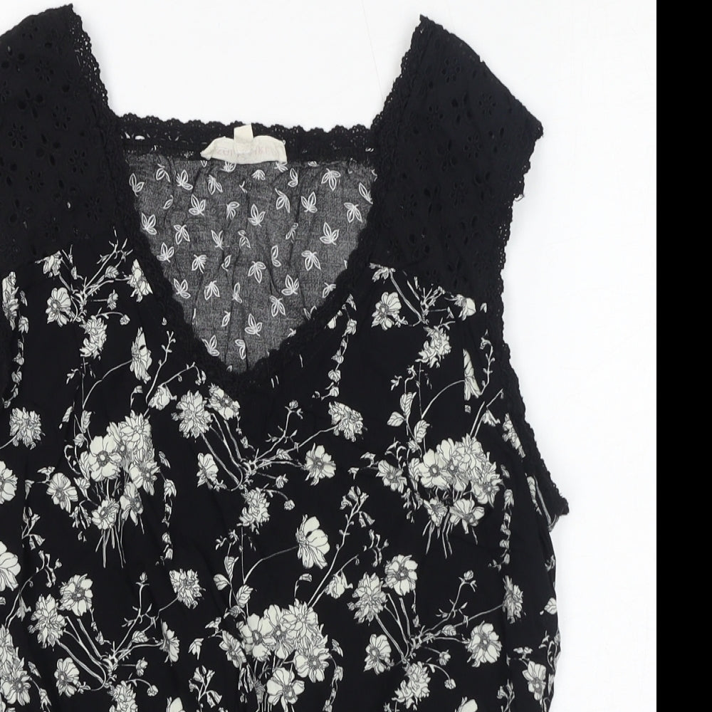 SOLITAIRE Womens Black Floral Cotton Basic Blouse Size M V-Neck