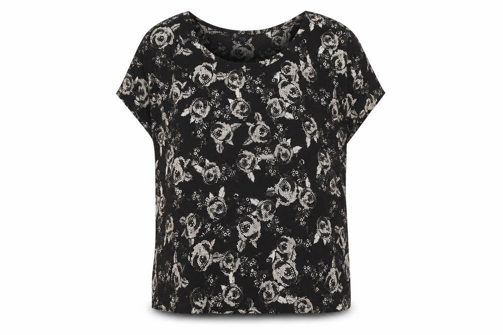 Sparkle & Fade Womens Black Floral Polyester Basic T-Shirt Size M One Shoulder