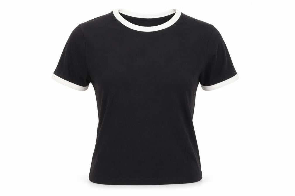 Front view of ASOS women’s black cotton basic t-shirt, size UK 4, round neck