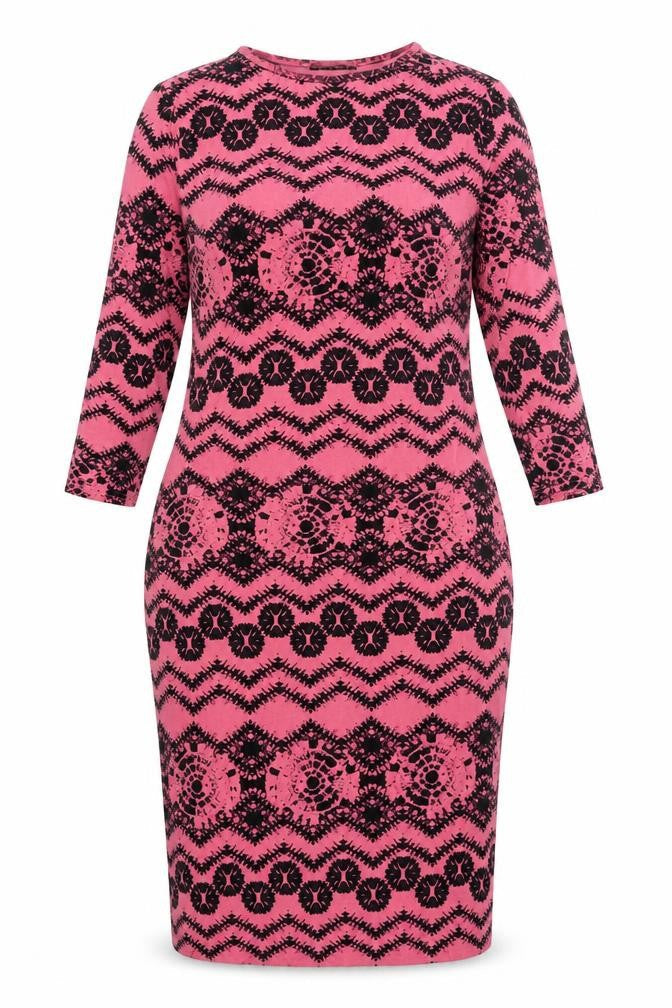 Front view of Club L women’s pink geometric viscose bodycon, size UK 14, round neck pullover