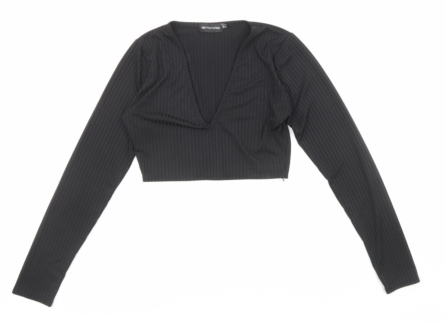 PRETTYLITTLETHING Womens Black Polyester Cropped Blouse Size 4 V-Neck