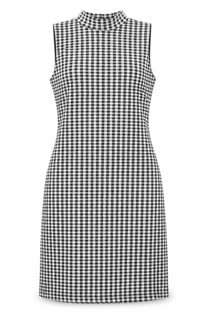 Front view of Miss Selfridge women’s black check polyester shift, size UK 14, mock neck pullover