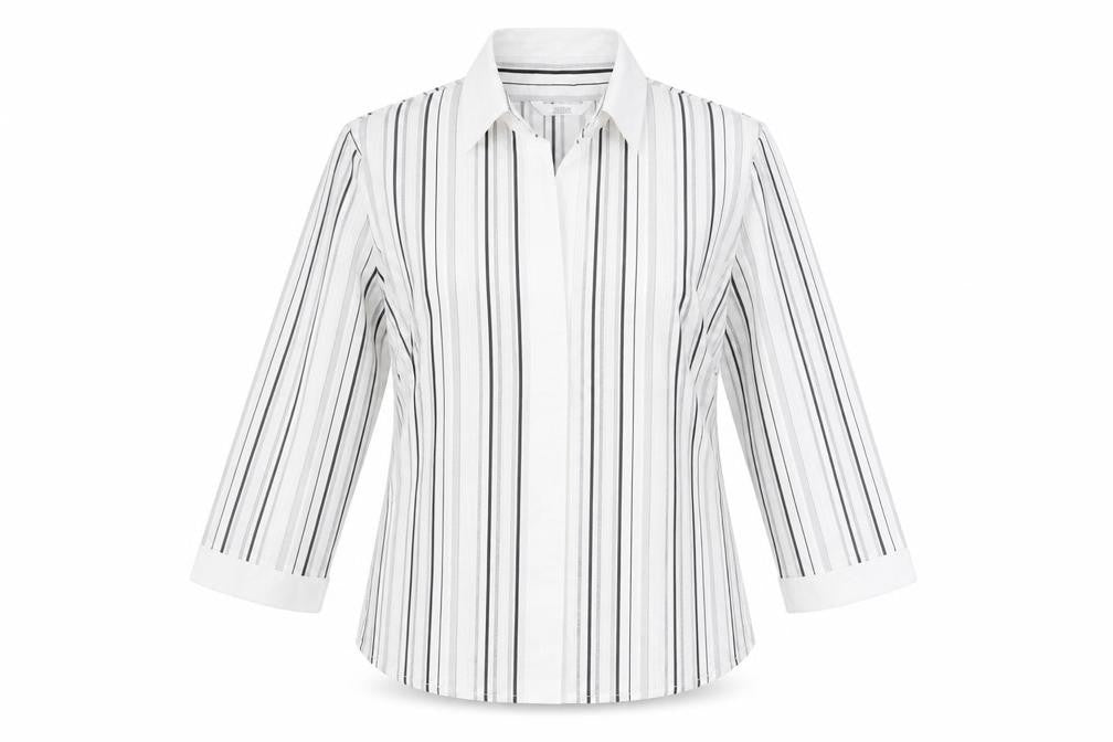 Marks and Spencer Womens White Striped Chlorofibre Basic Blouse Size 6 V-Neck