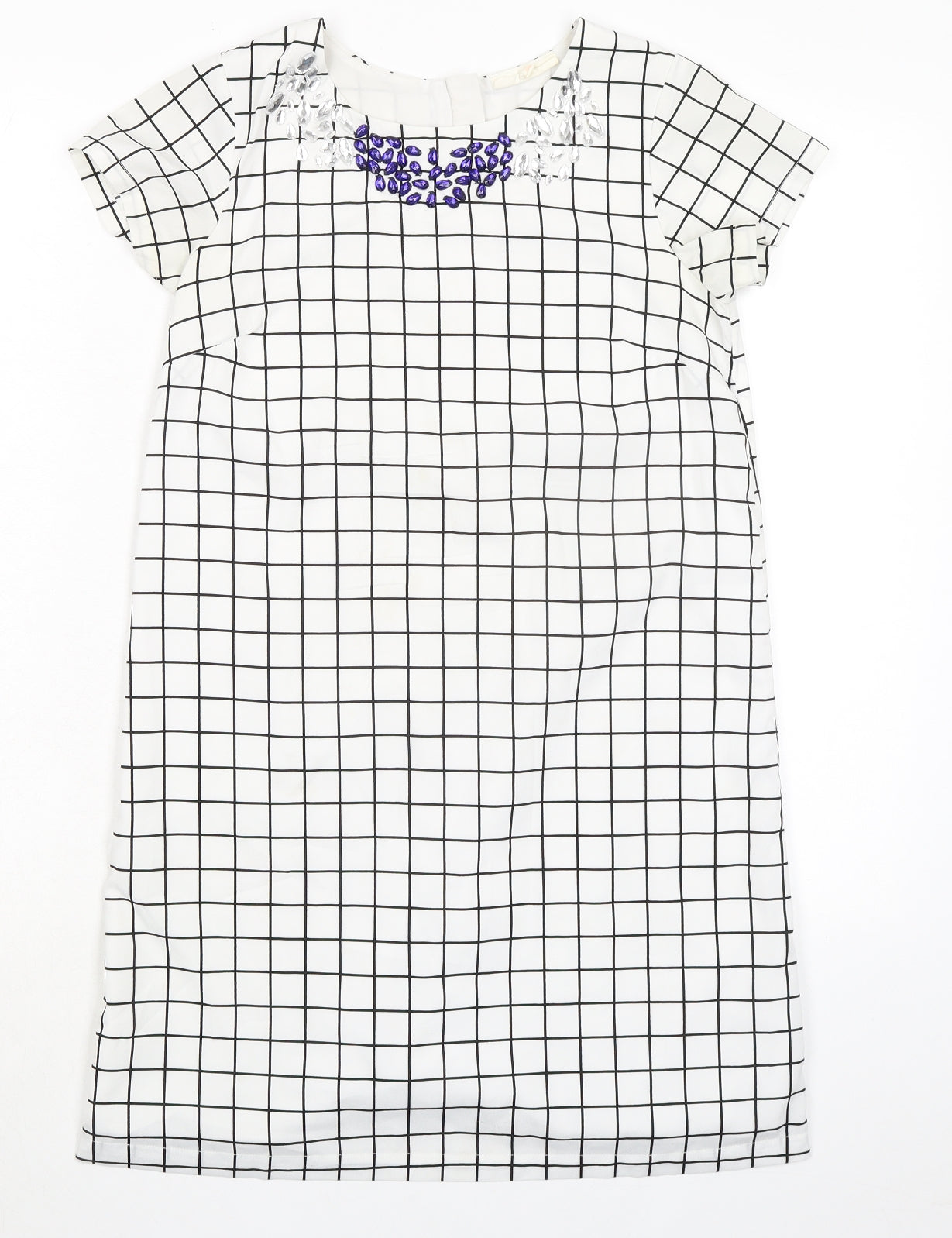 BHS Girls White Check Polyester Pencil Dress Size 11-12 Years Round Neck Zip - Embellished Neckline Detail