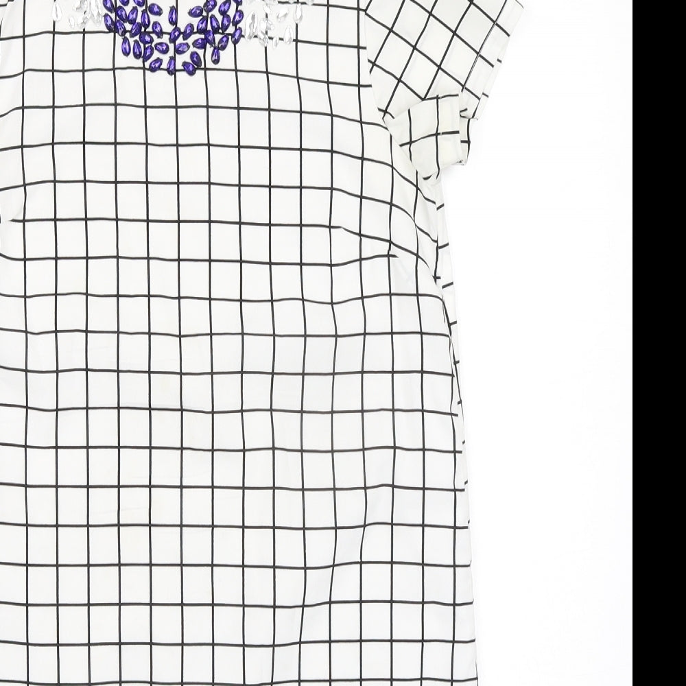 BHS Girls White Check Polyester Pencil Dress Size 11-12 Years Round Neck Zip - Embellished Neckline Detail