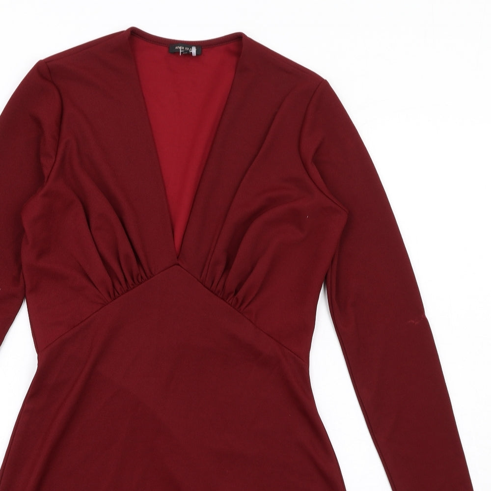 River Island Womens Red Polyester Bodycon Size 10 V-Neck Pullover - Gathered Bodice