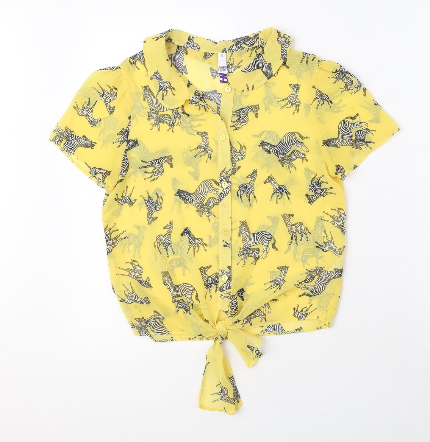 Henry Holland Womens Yellow Animal Print Polyester Basic Button-Up Size 6 Collared - Zebra