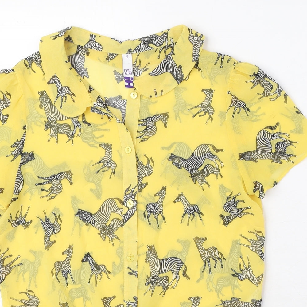 Henry Holland Womens Yellow Animal Print Polyester Basic Button-Up Size 6 Collared - Zebra