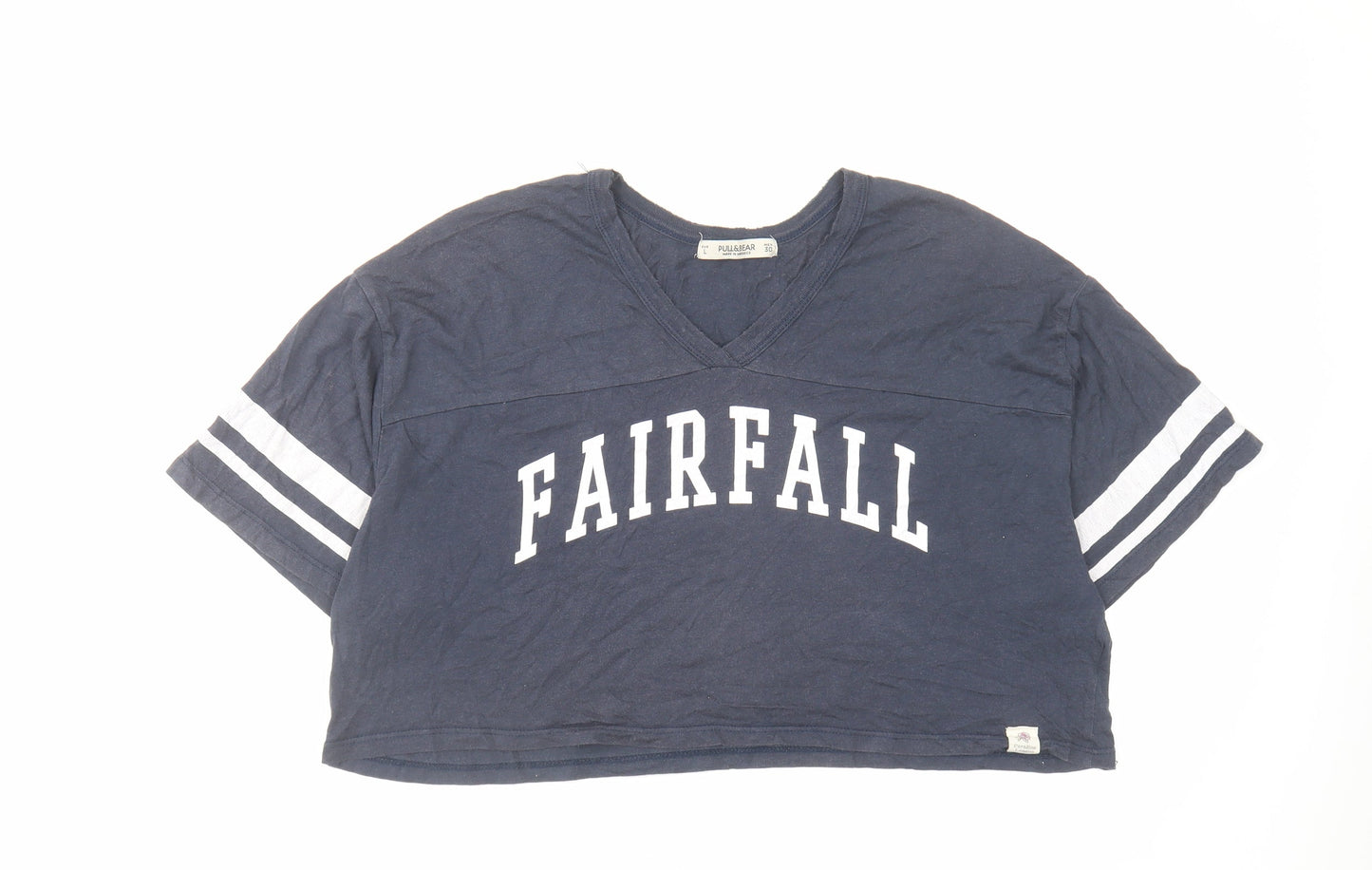 Pull&Bear Womens Blue Polyester Cropped T-Shirt Size L V-Neck
