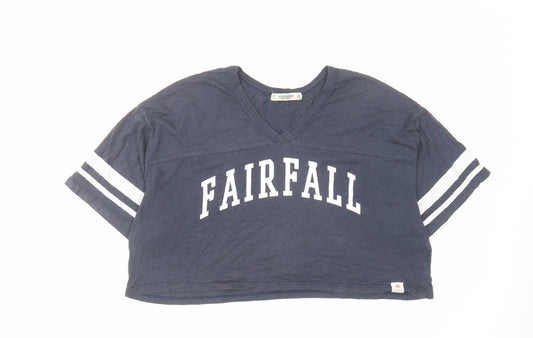 Pull&Bear Womens Blue Polyester Cropped T-Shirt Size L V-Neck