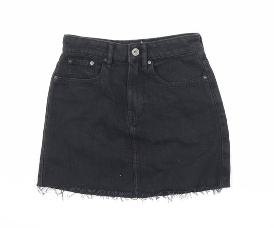 Zara Womens Black Cotton A-Line Skirt Size XS Zip