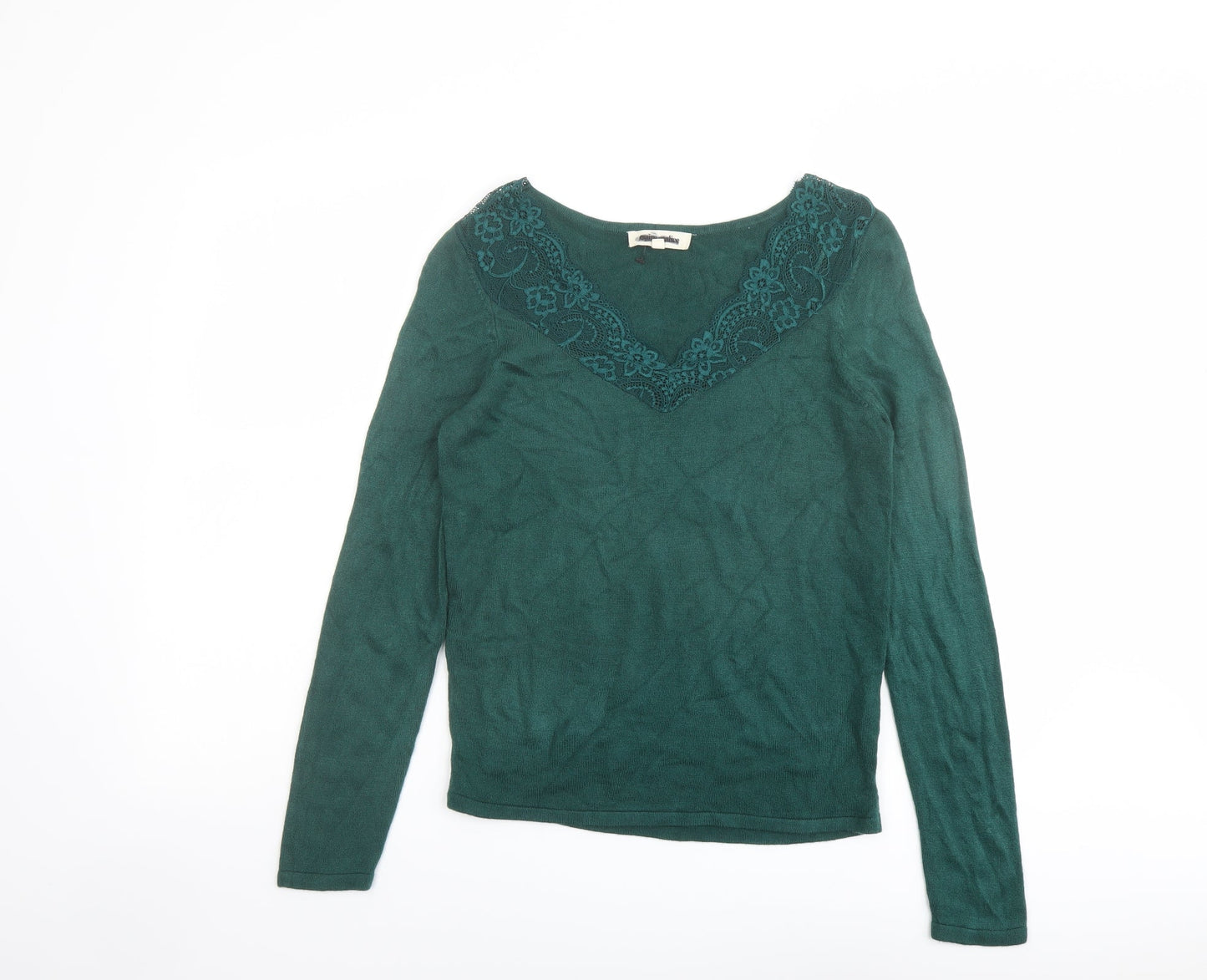 Grain de Malice Womens Green V-Neck Viscose Pullover Jumper Size S