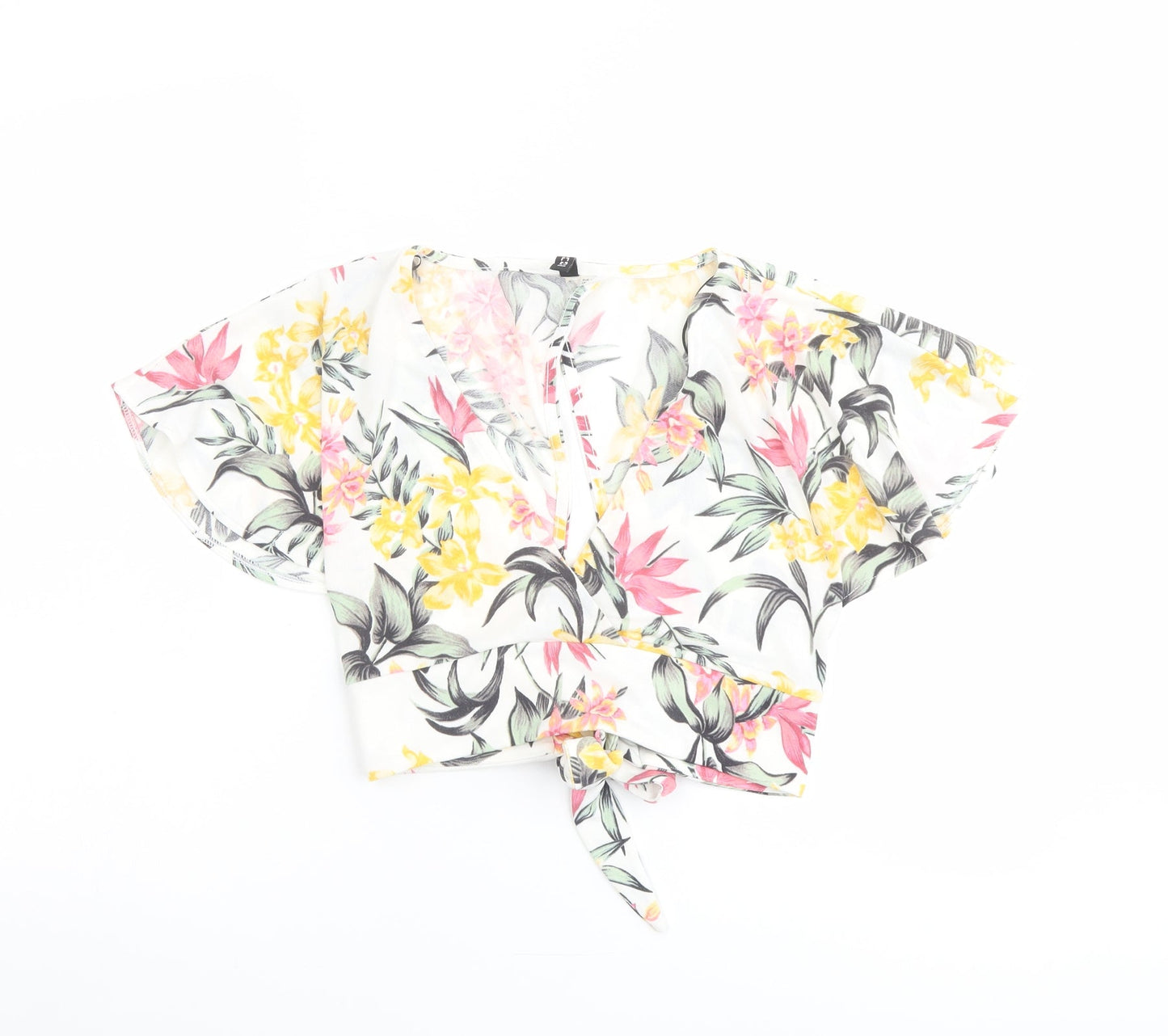 H&M Womens White Floral Polyester Cropped Blouse Size S V-Neck