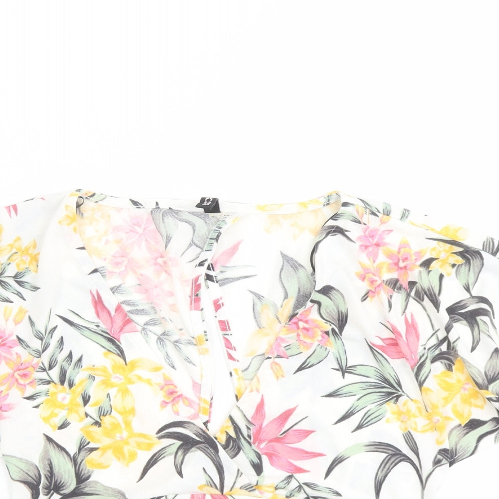H&M Womens White Floral Polyester Cropped Blouse Size S V-Neck