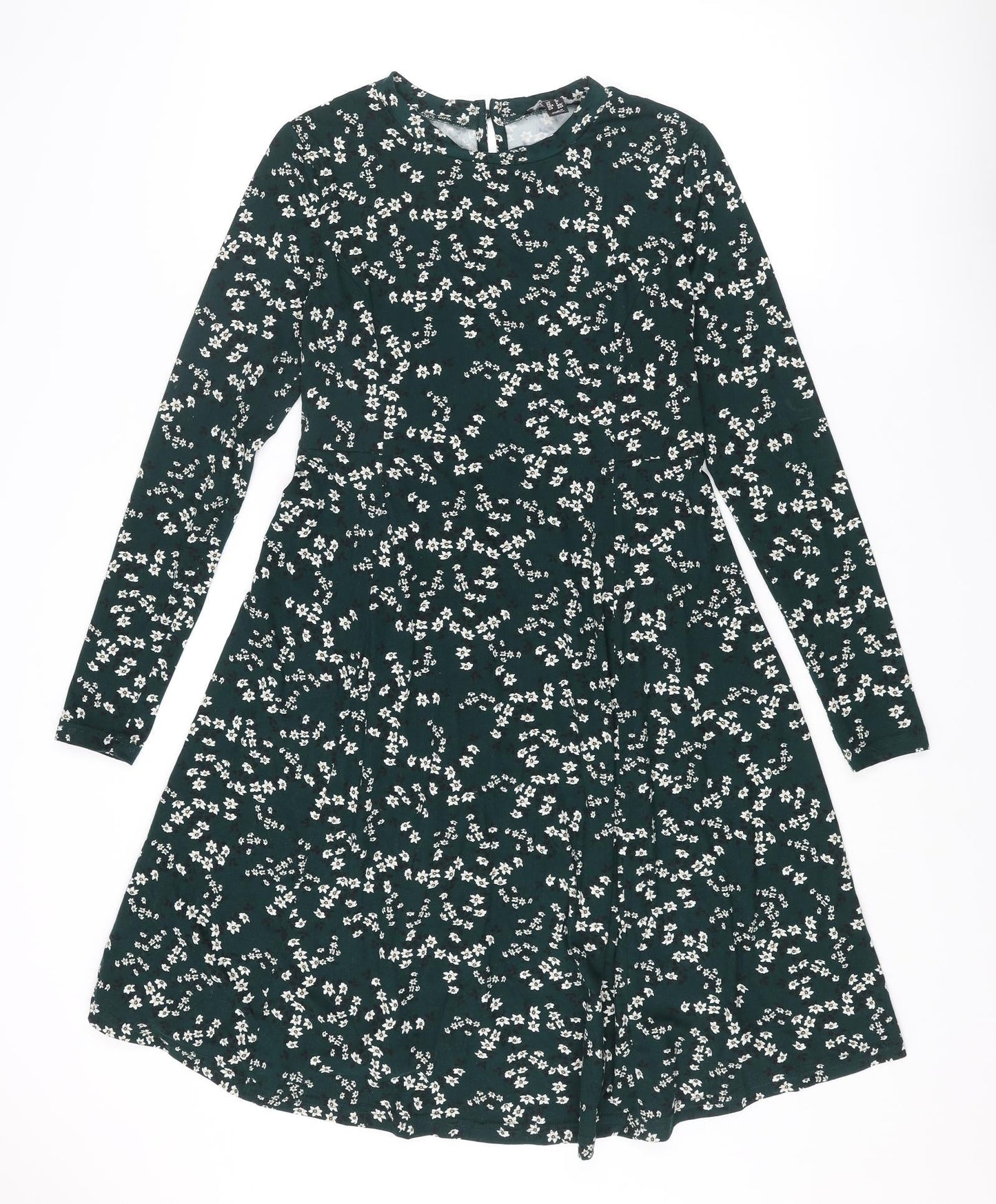 New Look Womens Green Floral Polyester Trapeze & Swing Size 8 Round Neck Button