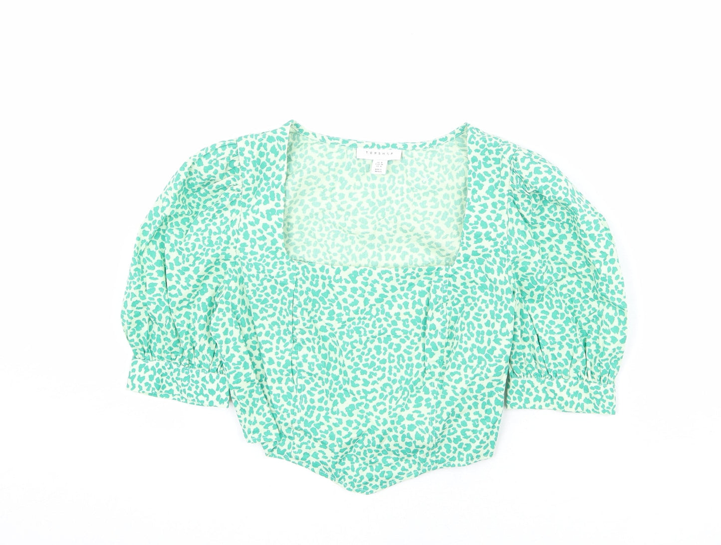 Topshop Womens Green Animal Print 100% Cotton Cropped Blouse Size 8 Square Neck