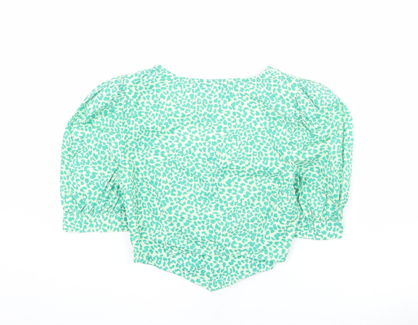 Topshop Womens Green Animal Print 100% Cotton Cropped Blouse Size 8 Square Neck