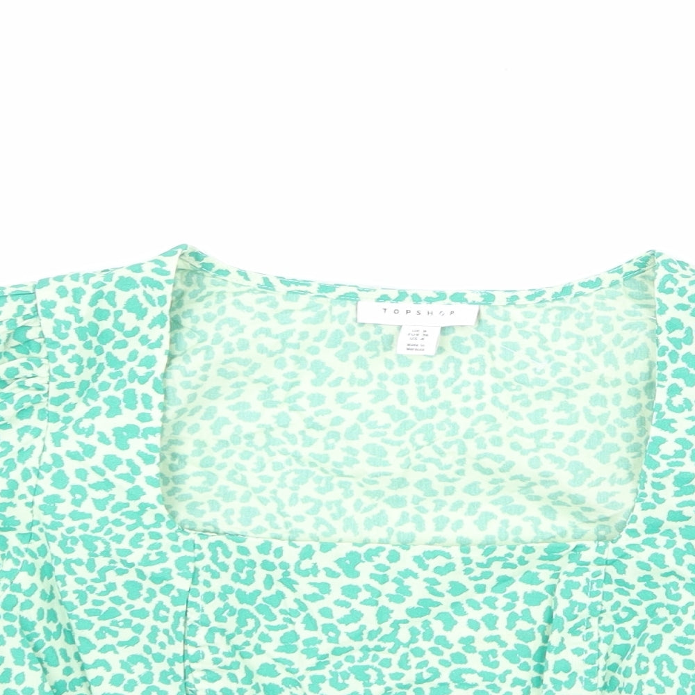 Topshop Womens Green Animal Print 100% Cotton Cropped Blouse Size 8 Square Neck