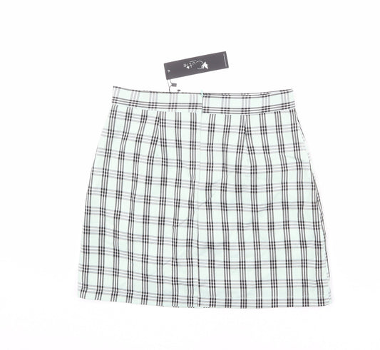 Cutie Womens Green Plaid Polyester A-Line Skirt Size 14 Zip