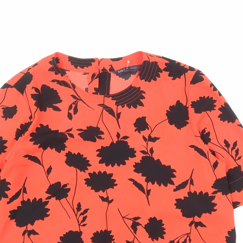 Marks and Spencer Womens Red Floral Polyester Basic Blouse Size 6 Scoop Neck