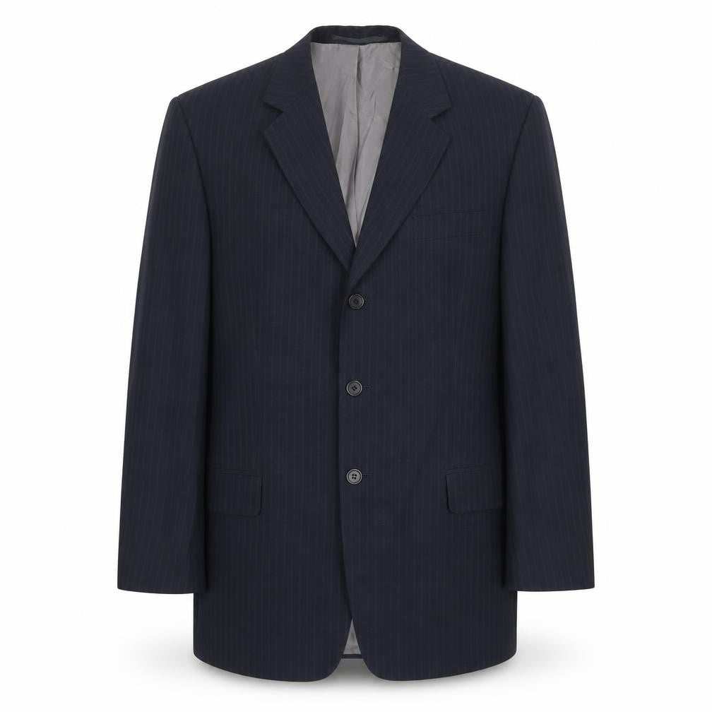 Front view of C&A men’s black striped polyester jacket suit jacket, size 40, regular