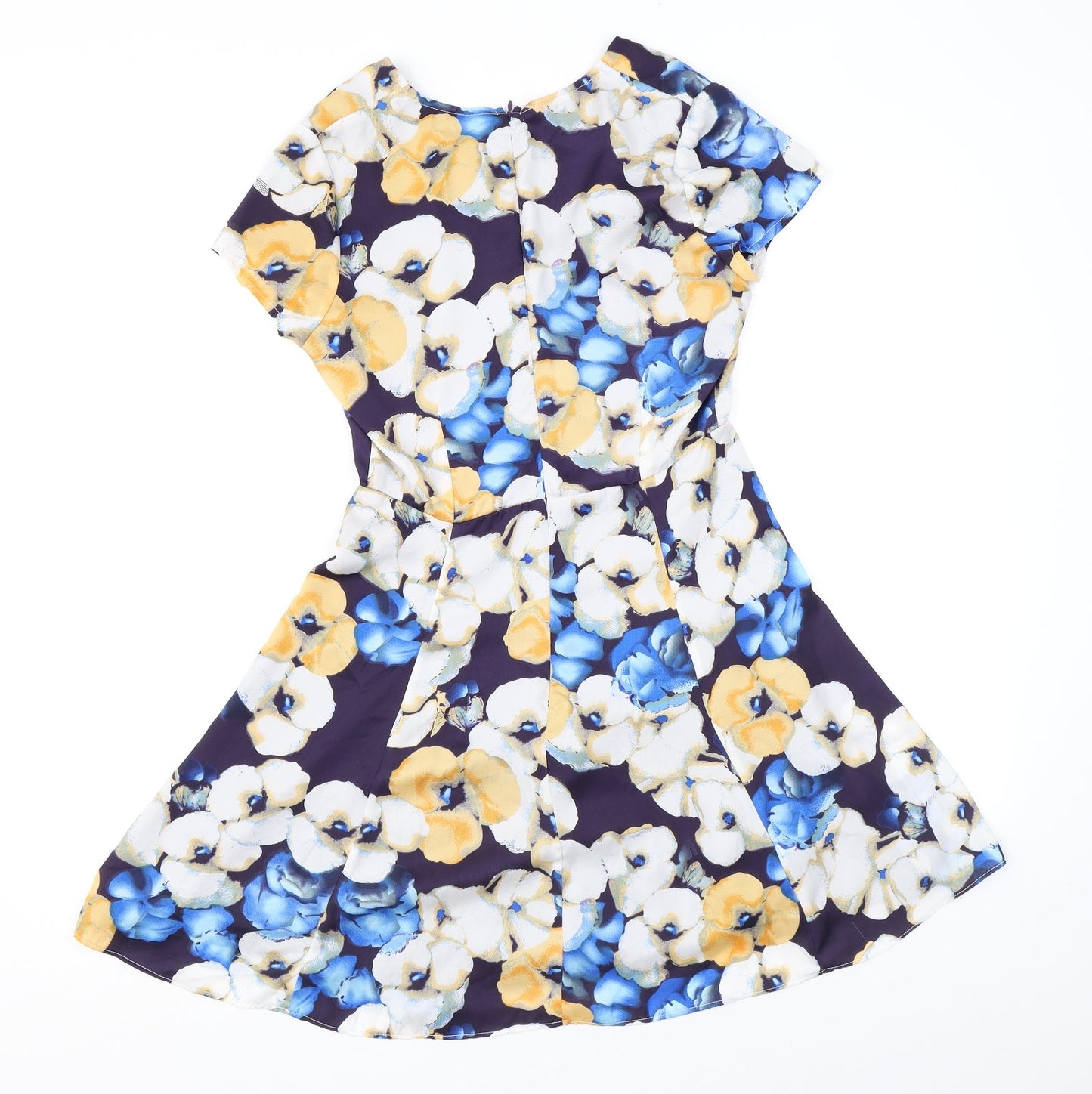 Goldie Womens Blue Floral Polyester Skater Dress Size XS V-Neck Zip