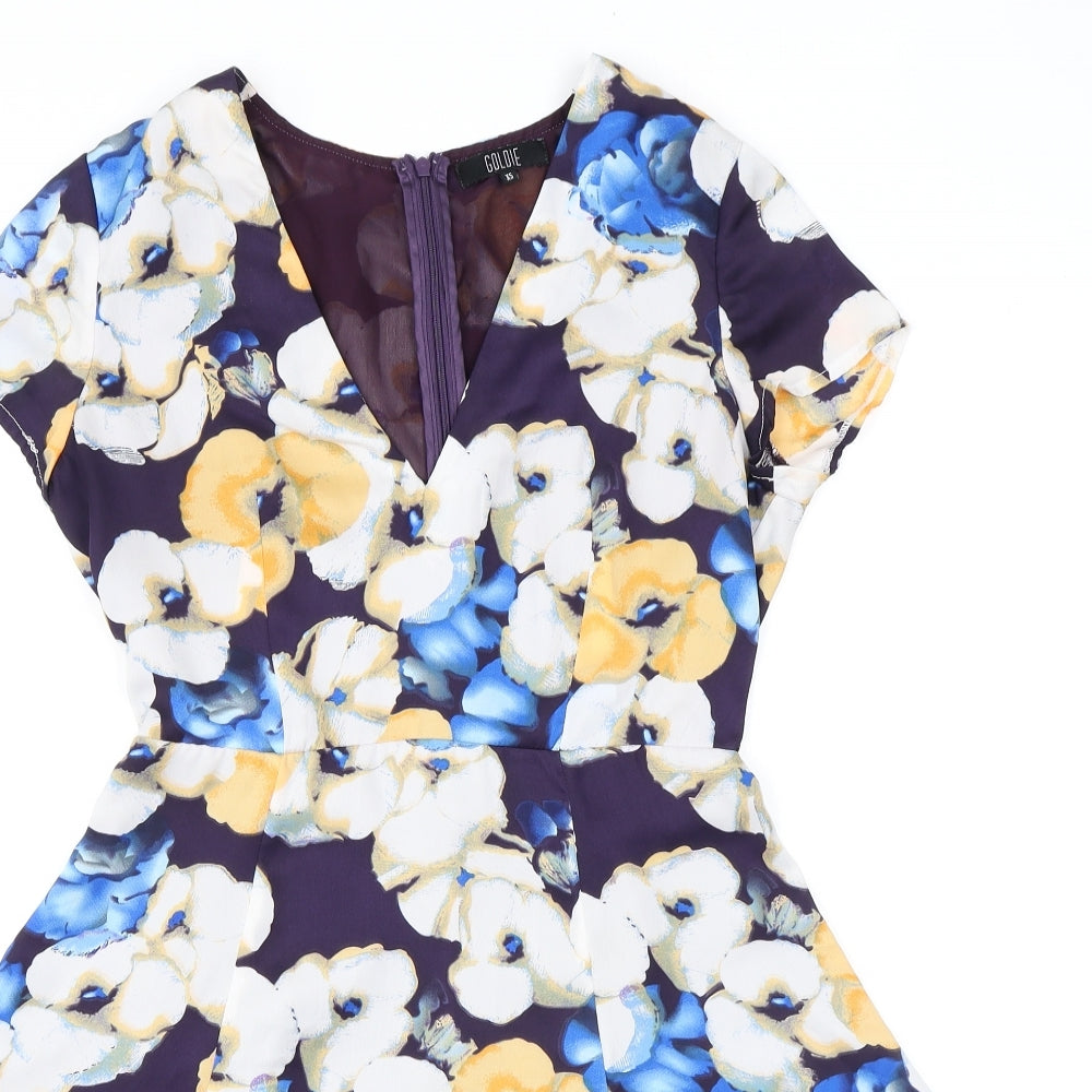 Goldie Womens Blue Floral Polyester Skater Dress Size XS V-Neck Zip
