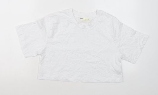 Pull&Bear Womens White Cotton Basic T-Shirt Size S Round Neck