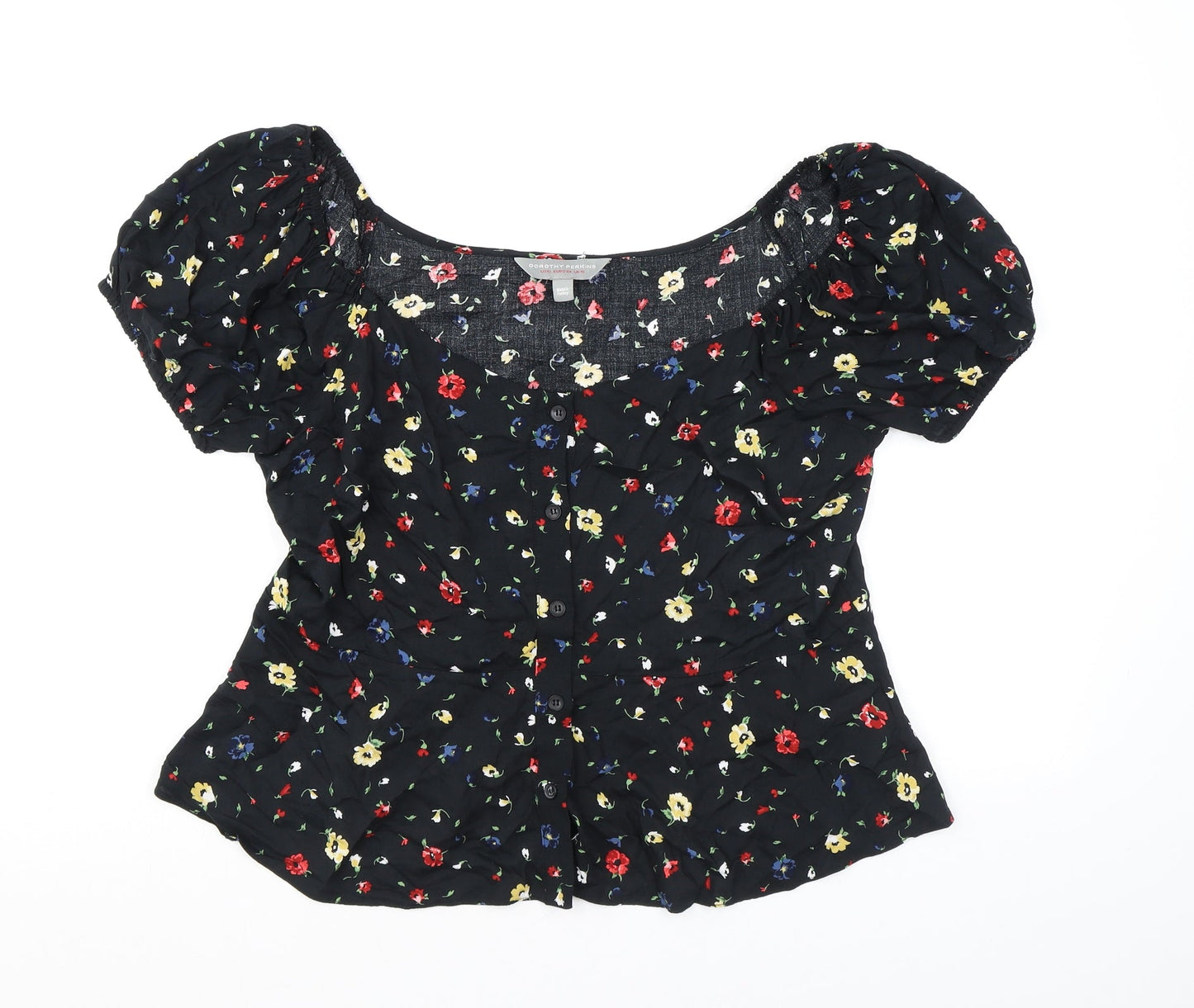 Dorothy Perkins Womens Black Floral Viscose Basic Button-Up Size 12 Boat Neck