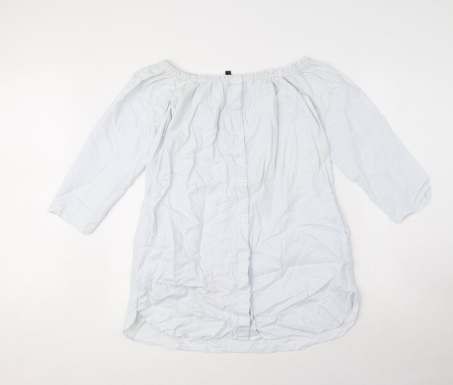 Zara Womens Blue Striped 100% Cotton Basic Button-Up Size XS Off the Shoulder