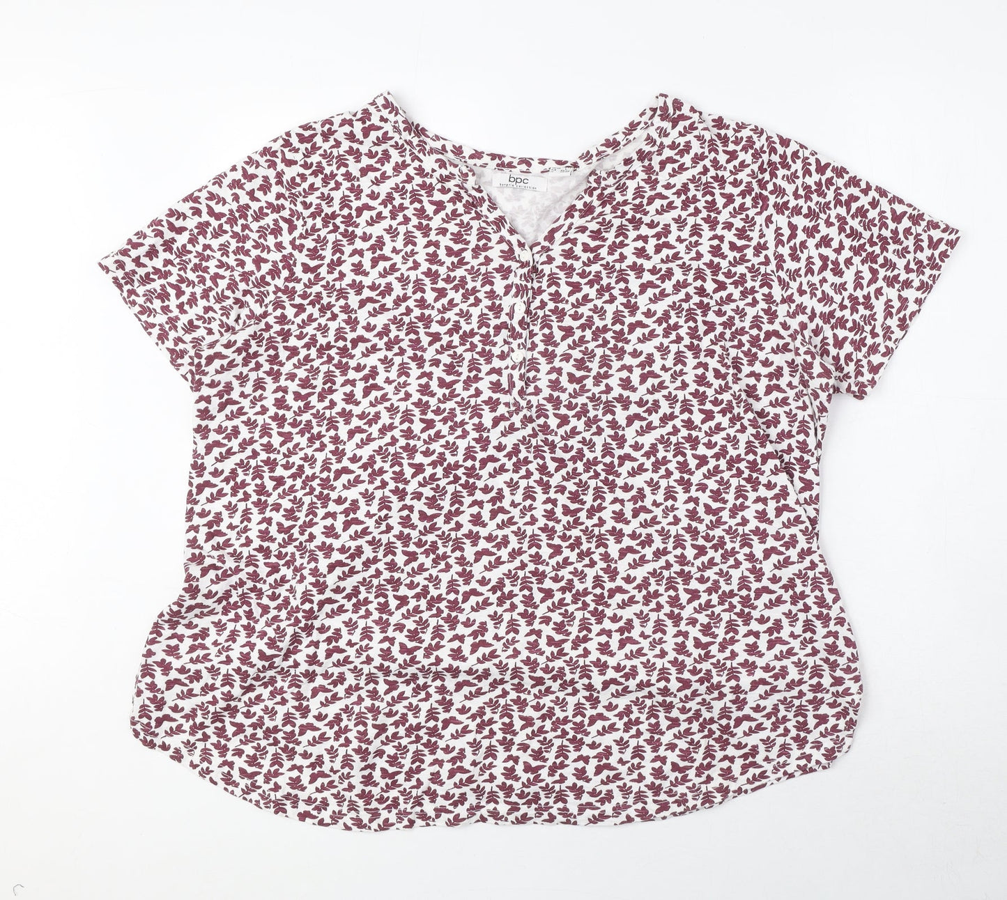 bonprix Womens Purple Geometric 100% Cotton Basic T-Shirt Size L Henley - Butterfly