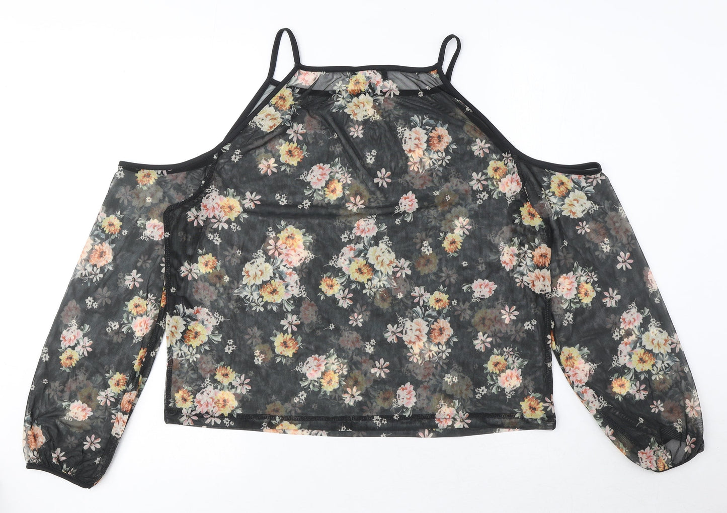 New Look Womens Black Floral Polyester Basic Blouse Size 10 Square Neck - Cold Shoulder