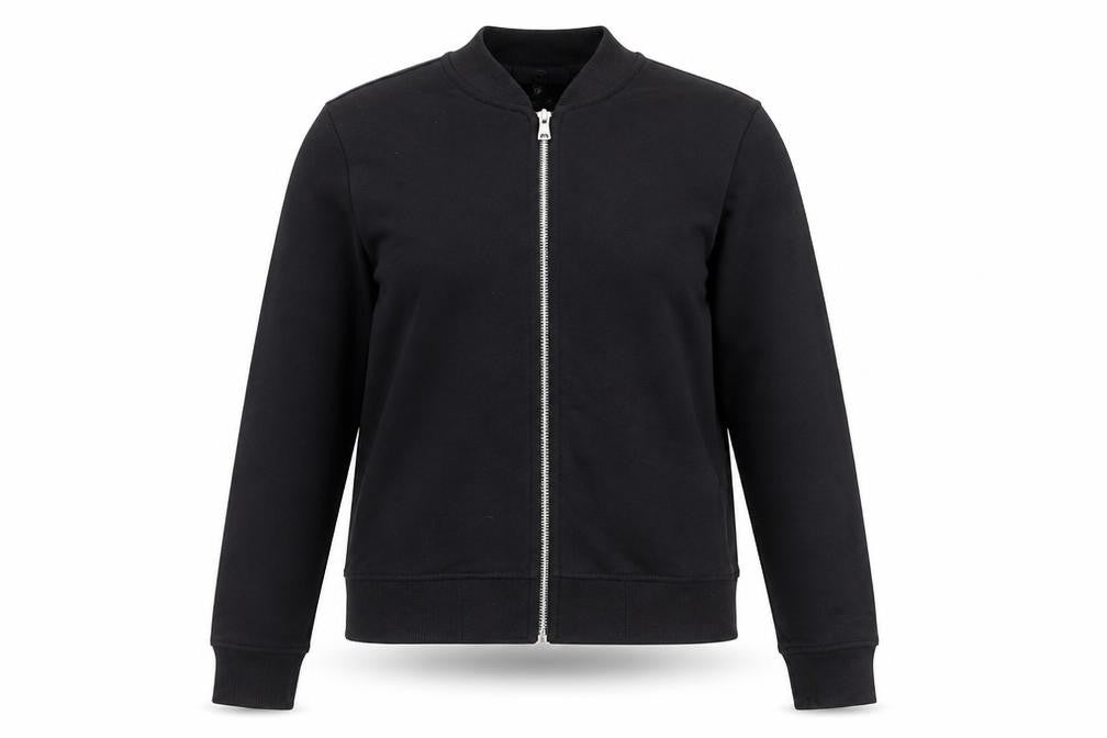 Front view of Missguided women’s black jacket, size UK 6, zip