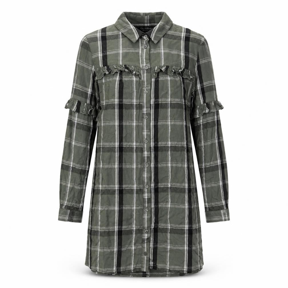 Front view of Miss Selfridge women’s green plaid viscose shirt dress, size UK 8, collared button