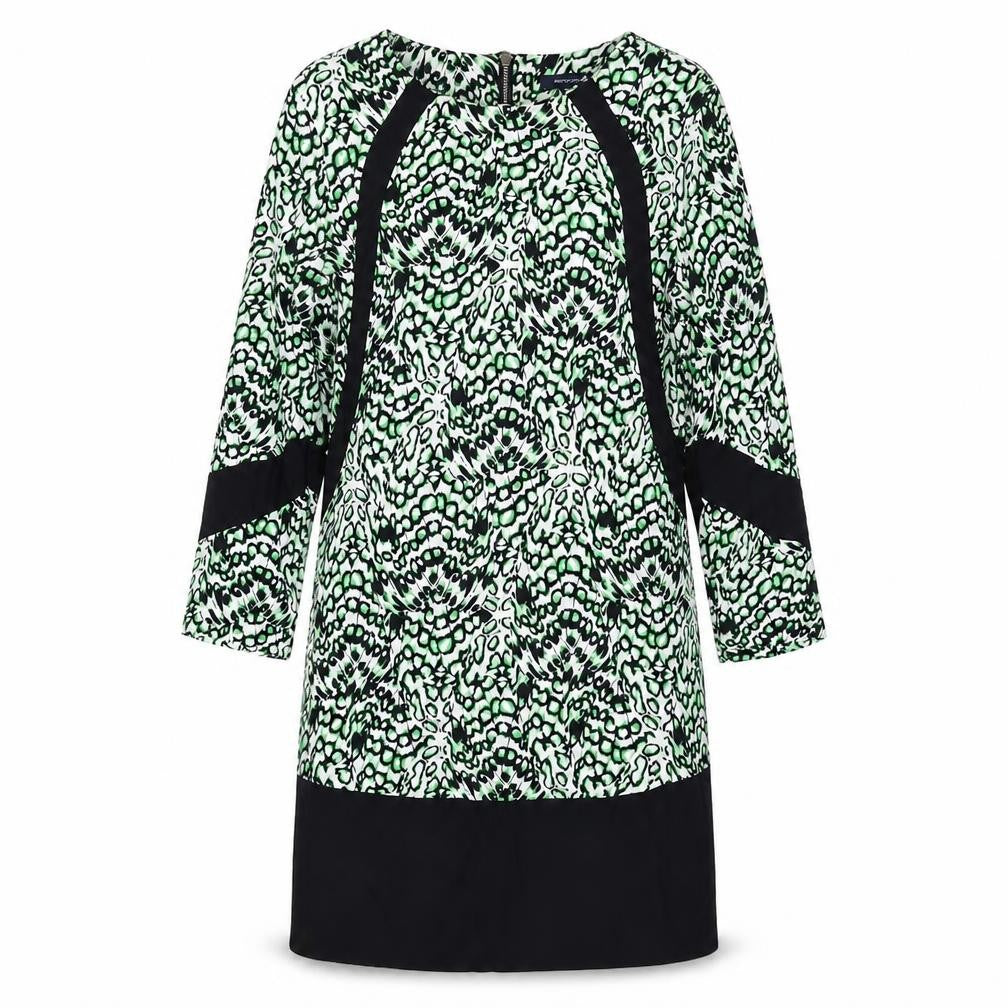 Front view of French Connection women’s multicoloured geometric viscose a-line, size UK 10, boat neck zip