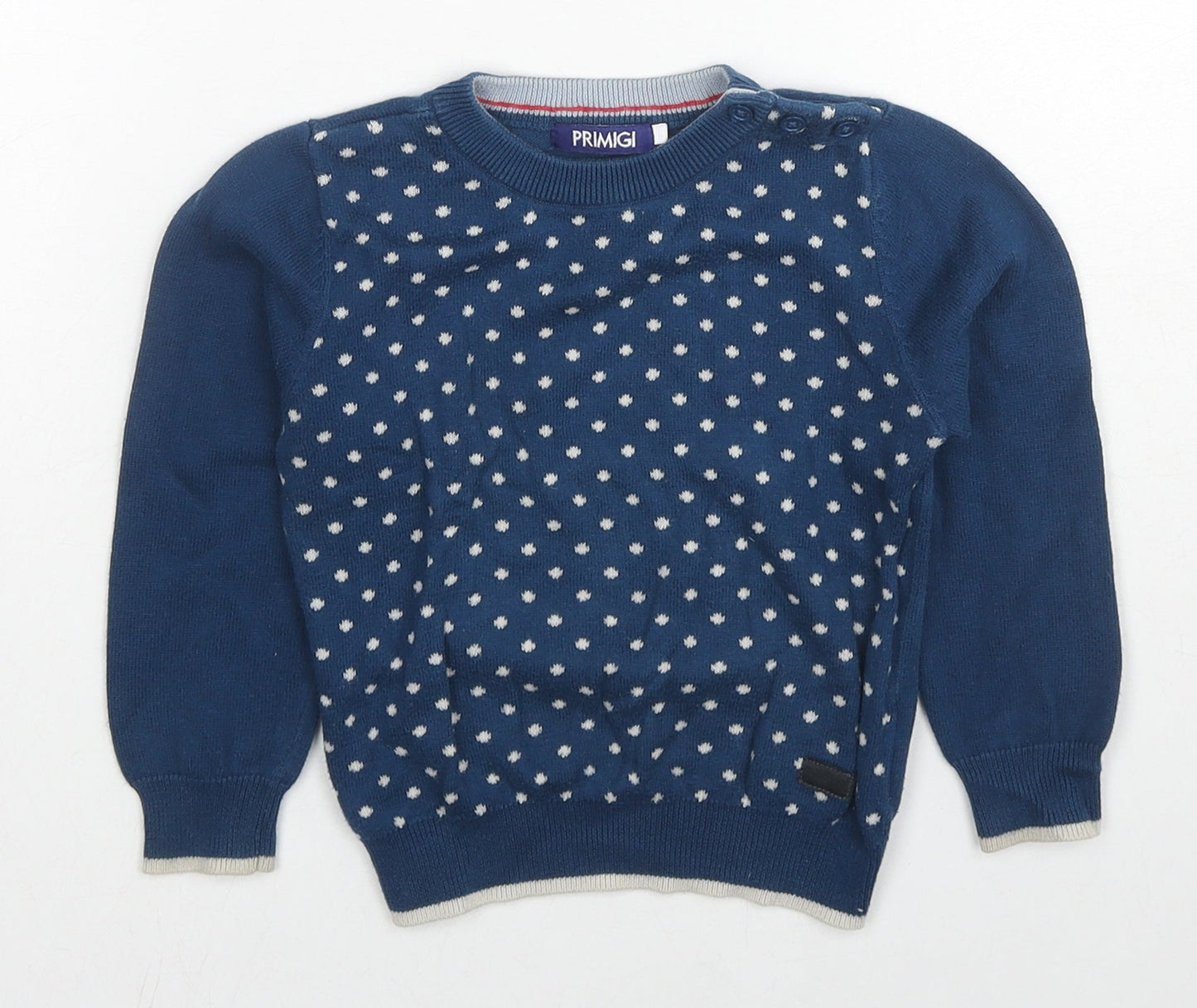 Primigi Boys Blue Crew Neck Polka Dot Cotton Pullover Jumper Size 2 Years Pullover