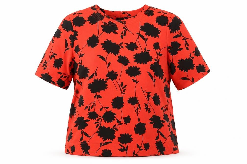 Marks and Spencer Womens Red Floral Polyester Jersey T-Shirt Size 14 Crew Neck