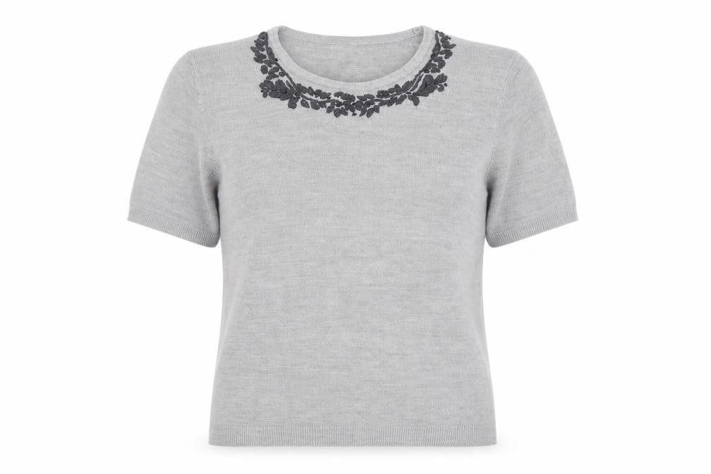BHS Womens Grey Acrylic Basic T-Shirt Size 12 Round Neck - Floral Detail