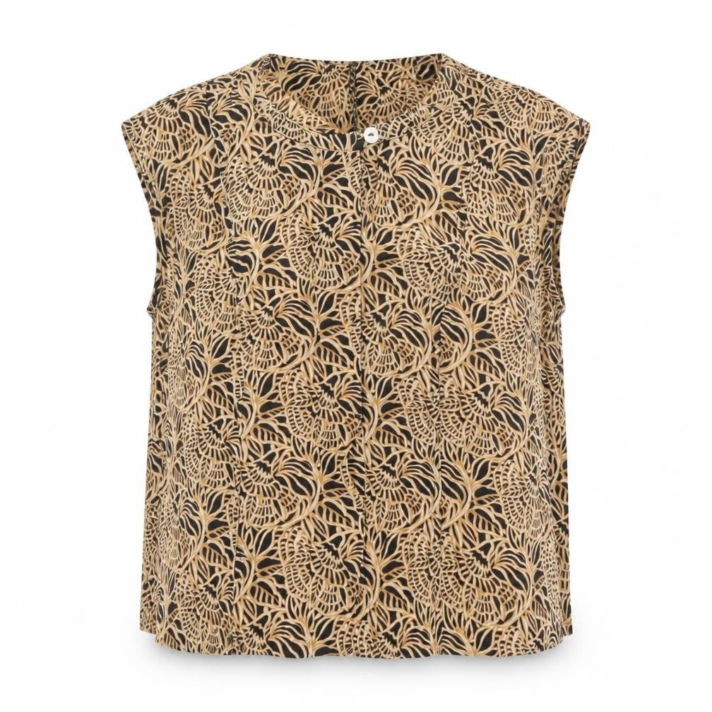 Front view of Claudia Stráter women’s brown geometric viscose basic blouse, size UK 14, henley