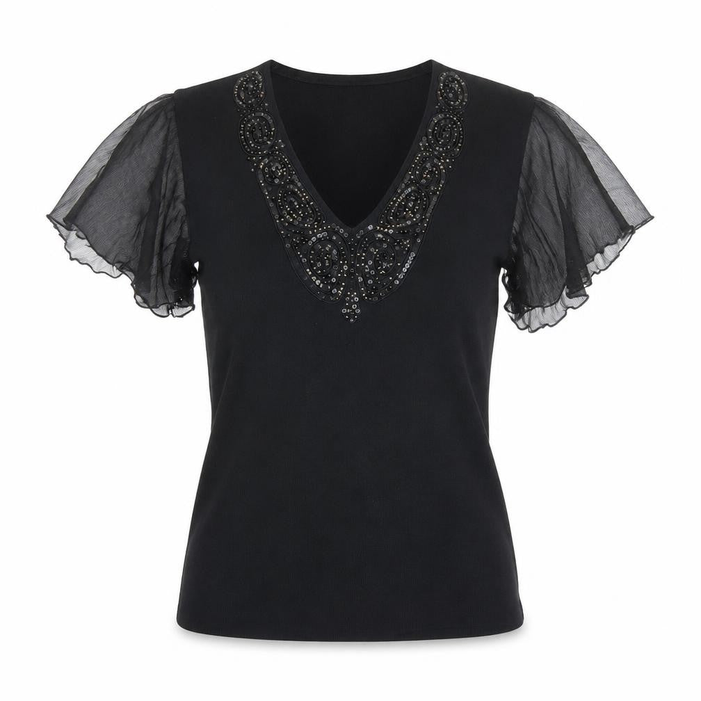 Country Casuals Womens Black Viscose Basic Blouse Size S V-Neck