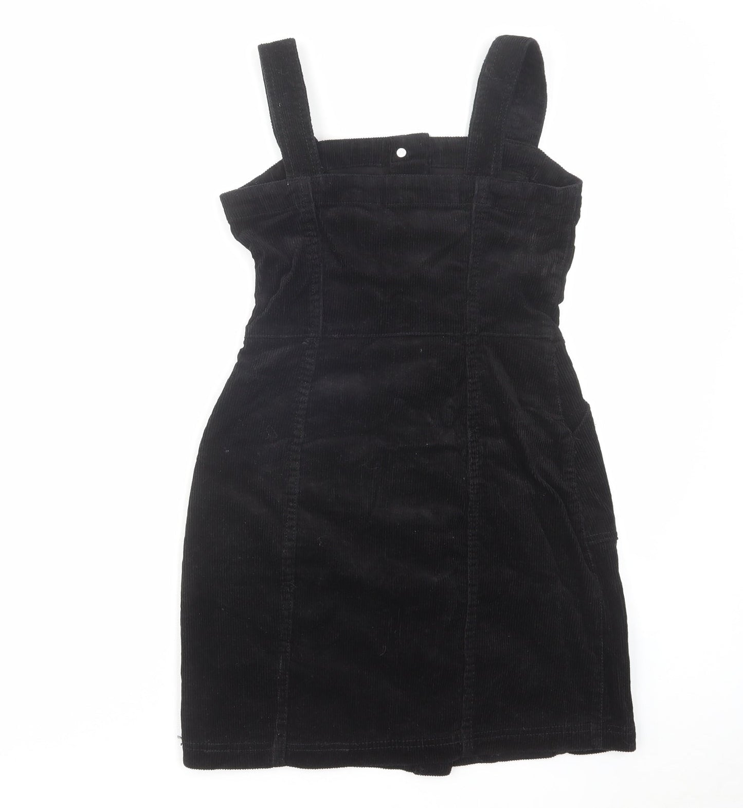 H&M Womens Black Cotton Pinafore/Dungaree Dress Size 4 Square Neck Button