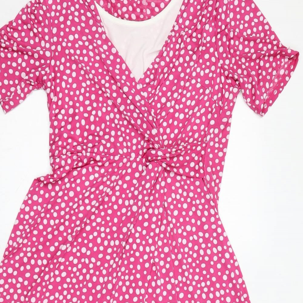 Kaleidoscope Womens Pink Polka Dot Polyester A-Line Size 10 V-Neck Pullover - Knot Detail