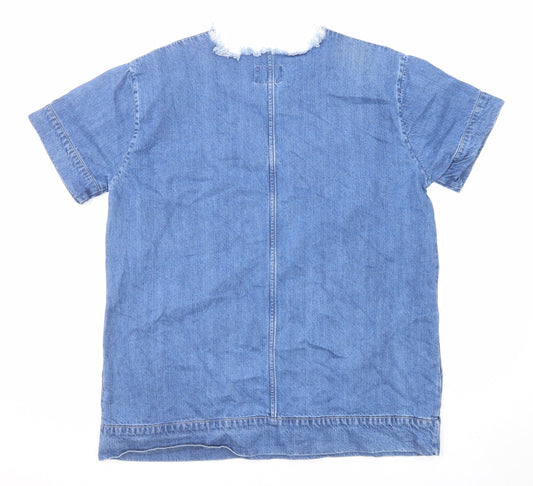 Waven Womens Blue Cotton T-Shirt Dress Size S Round Neck Pullover - Distressed Neckline